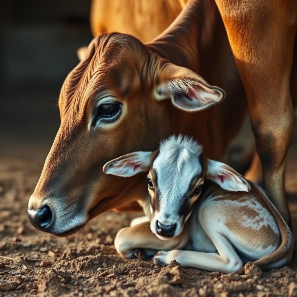 Newborn calf with mother