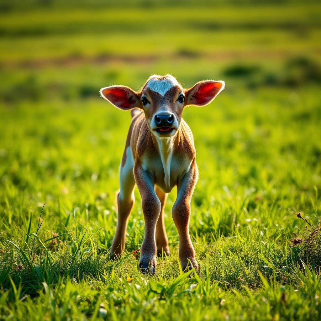 Calf playing in a meadow